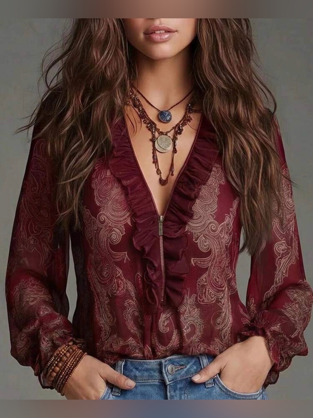 Aumora Paisley Floral Ruffle Blouse Maroon 2XL NWT IN PACKAGE
